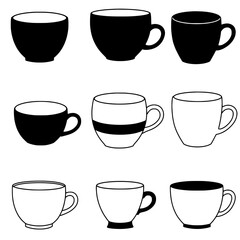 Mugs and Cups Set: An illustrative composition of a collection of mugs and cups in various designs, perfect for a cafe or beverage-themed setting.