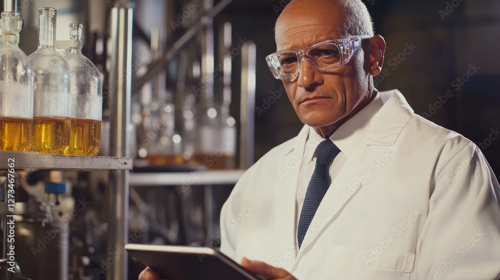Poster scientist examines golden liquid experiment data with a digital tablet