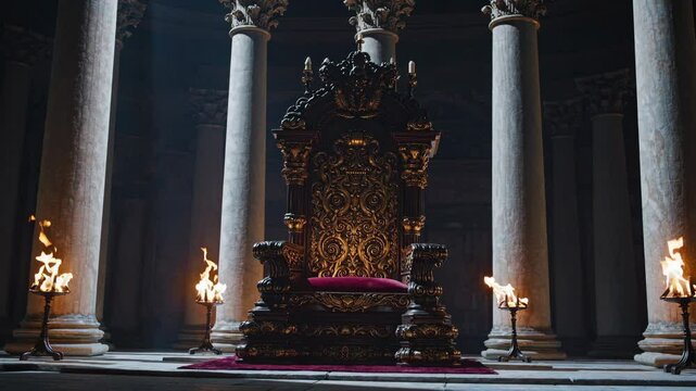 Majestic throne room with ornate chair, lit by torches. Low-angle shot enhances grandeur. Perfect for a medieval fantasy video setting.