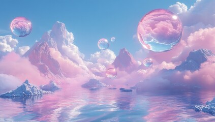 Pastel Mountains, Floating Bubbles, Dreamy Clouds, and Pink Water