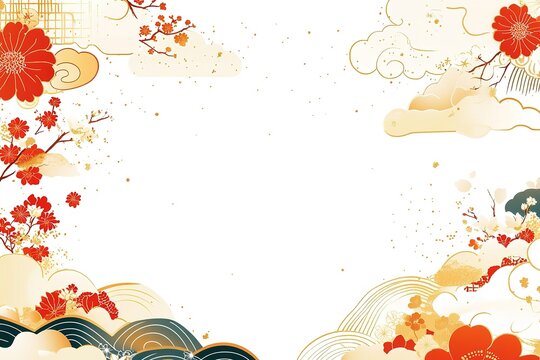 Elegant Gold and Orange Japanese Pattern on White: Perfect for Branding, Websites, Invitations, Packaging, Textiles, Wallpaper, and More! A Stunning Design Featuring Traditional Japanese Motifs in a  