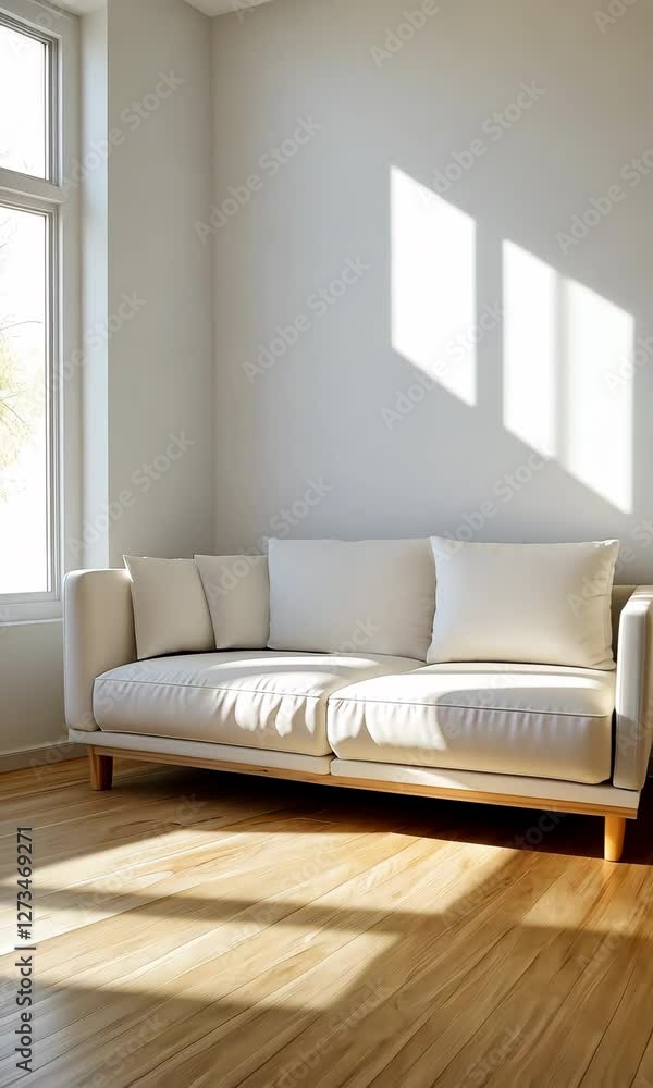 Poster a white couch is in a room with a window. the couch is facing the window and the sunlight is shining
