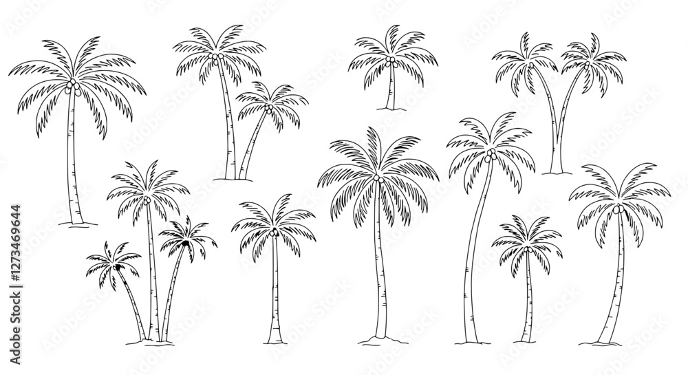 Poster palm paradise: an array of hand-drawn palm trees.