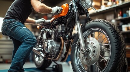 A person repairing a motorcycle in a garage