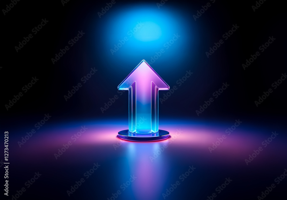 Poster Shenzhen, China - Unknown Date : Illuminated translucent arrow, neon blue and pink, points up on a dark surface creating a modern and futuristic design.