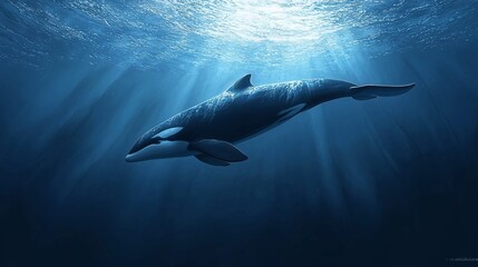 Fototapeta premium Orca whale swimming in sunlit ocean depths.