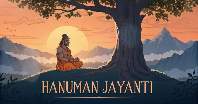 illustrating of Hanuman Jayanti meditating under a tree in tranquility.