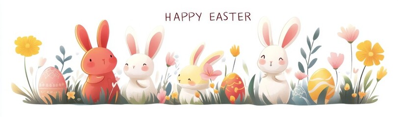 Obraz premium An Easter greeting card with a white background, depicting a bunny, flowers, and colorful eggs in the grass for an Easter egg hunt