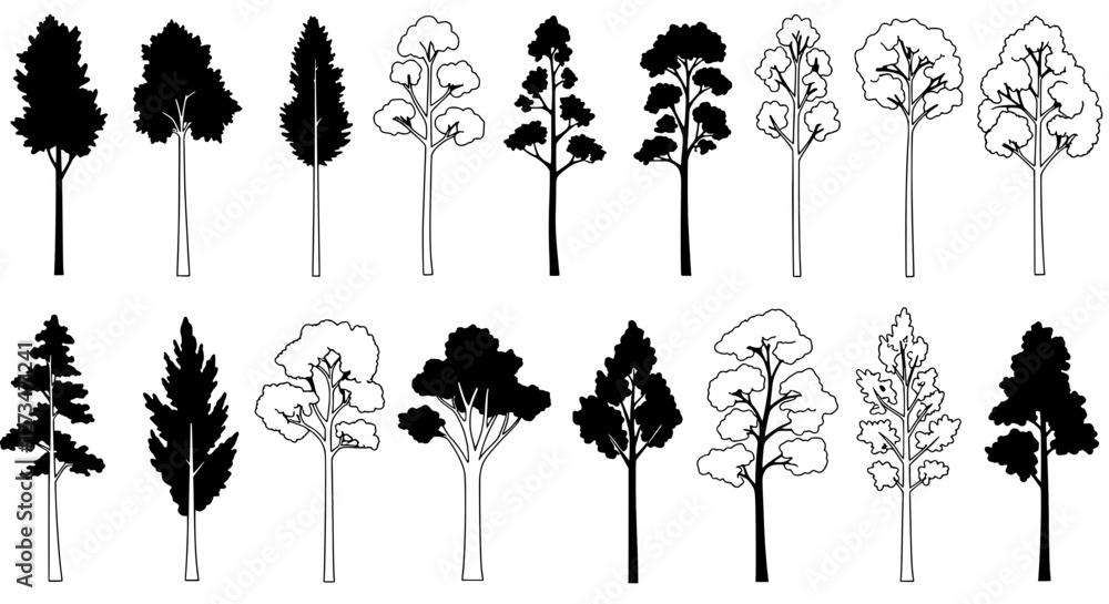 Poster botanical ensemble: a diverse collection of stylized tree silhouettes, offering a versatile design e