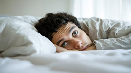 Fototapeta premium Withdrawal symptoms cause insomnia. A person lying awake in bed, staring at the ceiling