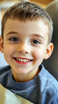 Bright smile of a young boy during an enjoyable moment at a cozy indoor setting