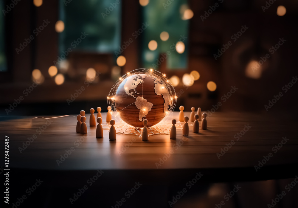 Aufkleber Shenzhen, China - Unknown Date : A wooden globe is encircled by tiny figures on a table, illuminated by soft, warm lights in a blurred background, suggesting global connection and community.