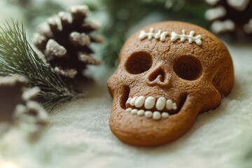 Naklejka premium A sweet treat featuring a decorated sugar skull on top, surrounded by a natural pine cone