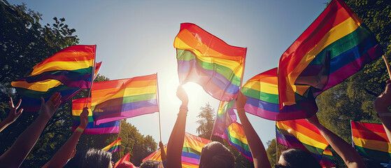 Colorful celebration of diversity and acceptance at a pride parade in a sunny park with vibrant flags