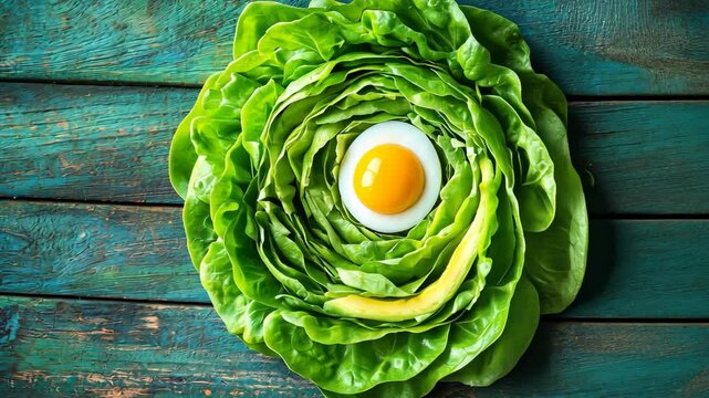 Fresh lettuce arranged in a circular pattern with a sunny side up egg at the center on a wooden table