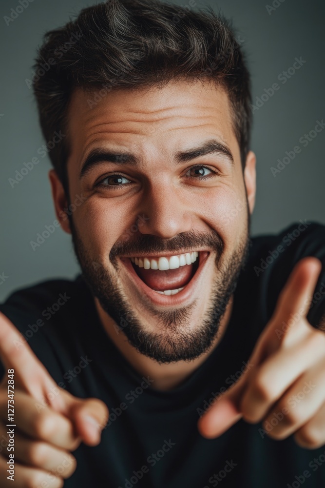 Poster a smiling man with a beard points directly at the camera