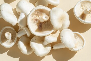 Fresh mushrooms arranged neatly on a wooden table