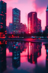 Naklejka premium City reflection in water after rain at night with glowing lights and colorful sky
