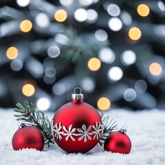 Red Christmas Ornaments in Snow with Bokeh Lights