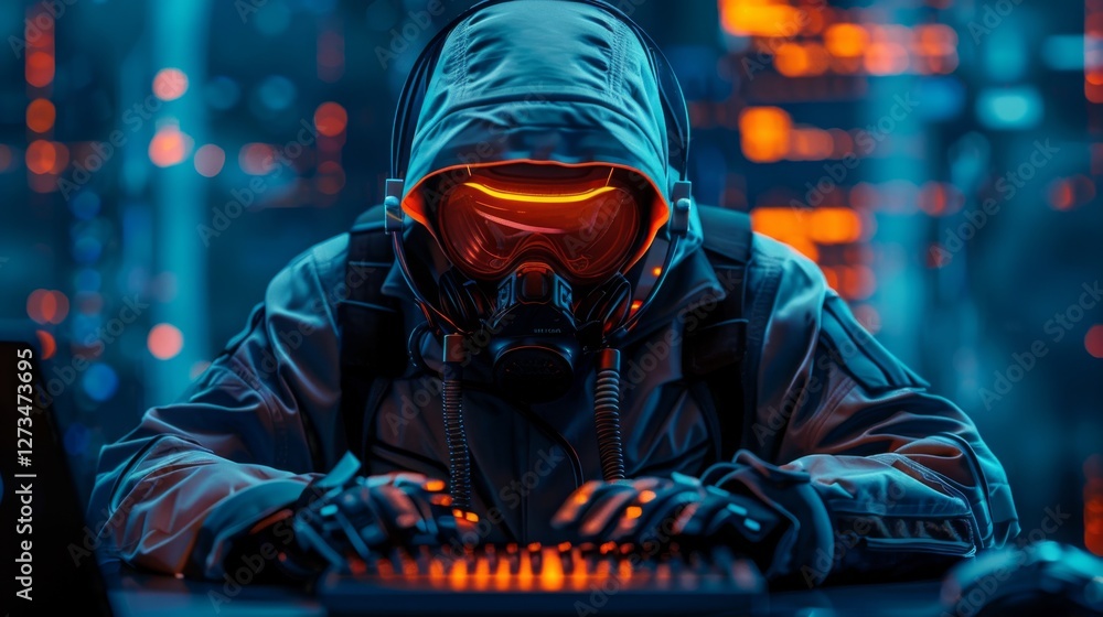 Poster cybernetic figure engaged in advanced ai programming within a futuristic neon-lit environment