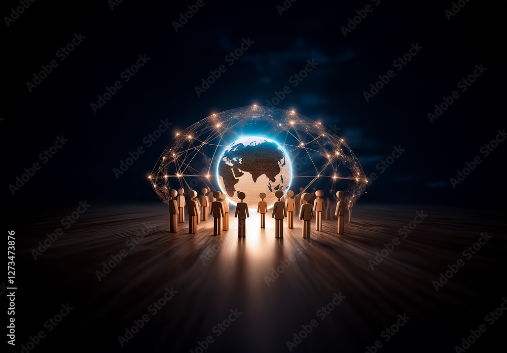 Aufkleber Shenzhen, China - Unknown Date : A group of figures stand around a glowing globe enveloped in a network mesh against a dark backdrop, symbolizing global connectivity and digital communication.