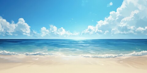 Obraz premium A serene beach under a vivid blue sky dotted with soft white clouds. Golden sand stretches toward the horizon where gentle waves kiss the shore, inviting relaxation and tranquility