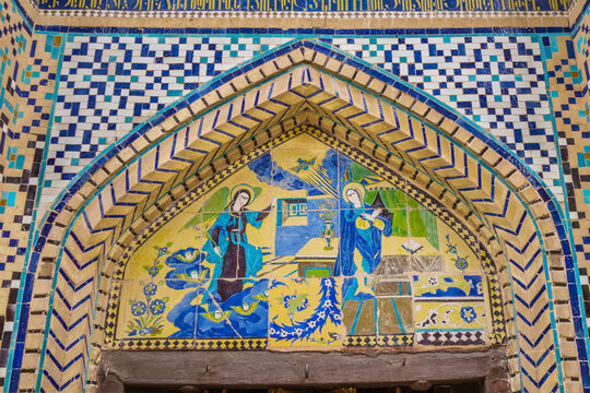 Painting on a tile above the entrance to Vank Cathedral in Isfahan, Iran. Painting was made in the mid-16th century. It depicts the appearance of the Archangel Gabriel to the Virgin Mary