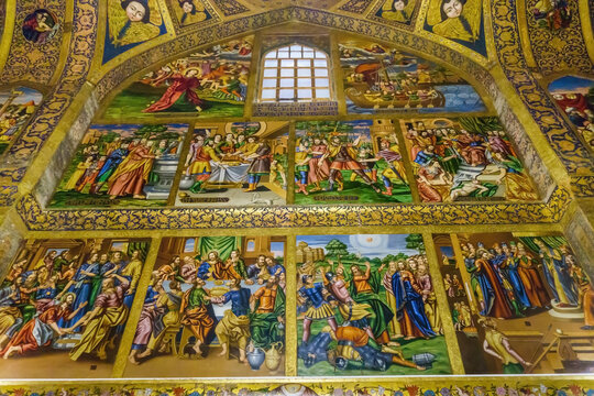 Wall paintings at Vank Cathedral in Isfahan, Iran. The bottom row is an image of the life of Jesus, the second row and above are events from the Old Testament. The paintings were done around the 1660s