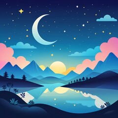 Fototapeta premium Serene Night Landscape Crescent Moon, Stars, and Mountain Lake Reflection
