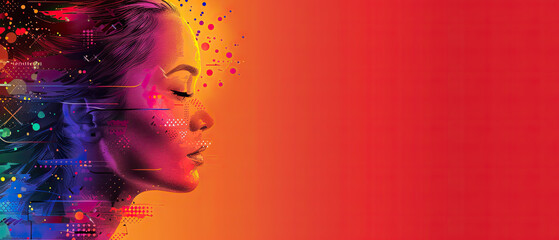 Vibrant profile of a woman highlighted with colorful splashes representing creativity and emotion at sunset