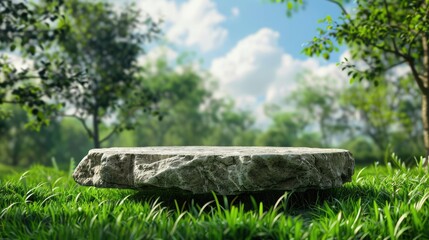 Natural stone platform on green grass meadow with wildflowers and blurred forest background