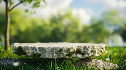 Obraz premium Natural stone platform on green grass meadow with wildflowers and blurred forest background
