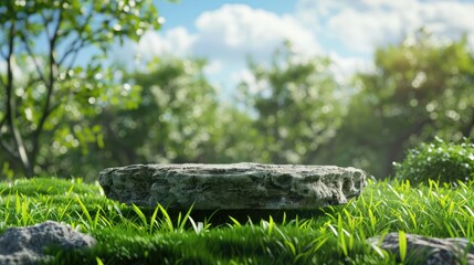 Obraz premium Natural stone platform on green grass meadow with wildflowers and blurred forest background