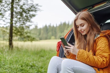 A woman sits in the trunk of a car, engrossed in her phone, with no indication of what's happening outside