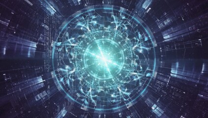 Fototapeta premium Futuristic digital tunnel with light burst. Possible use for technology background