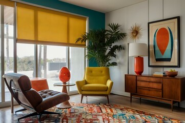 mid century scandinavian interior design of modern living room with colorful multicolored furniture
