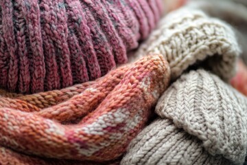 Fototapeta premium A collection of colorful sweaters and hats captured in a tight shot