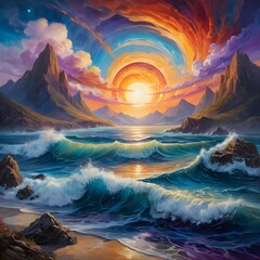 Surreal Seascape Vibrant Sunset Over Dramatic Coastline