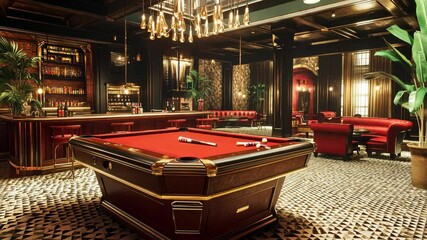 Elegant bar and billiard room featuring vintage decor and plush seating in a stylish nightlife venue
