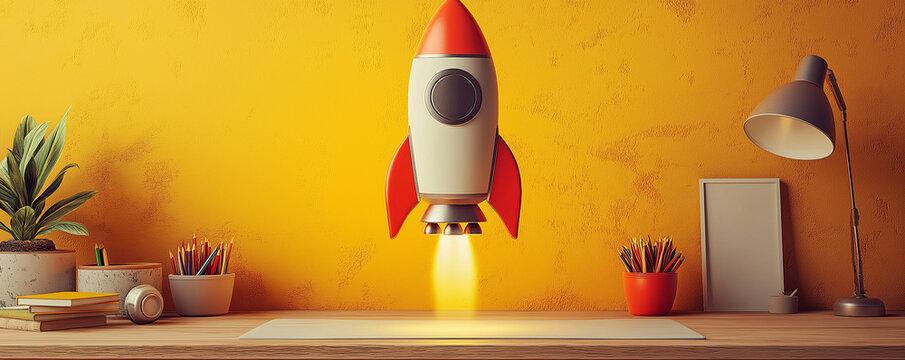 Rocket taking off from a clutter free desk with the launchpad set against a soft colored