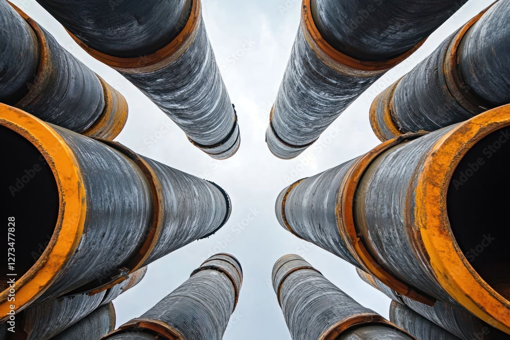 Poster a view from below showcasing towering industrial pipes against a cloudy sky, emphasizing scale and e