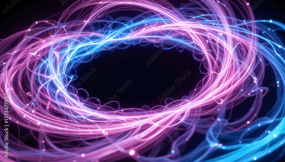 Leinwandbilder Abstract Light Streams. Pink and Blue Energy Flowing in Circular Motion. Dynamic Swirls with Sparkling Points. Dark Background Enhances Luminosity. Creating Depth and Fluidity. Waves of Light Effect.