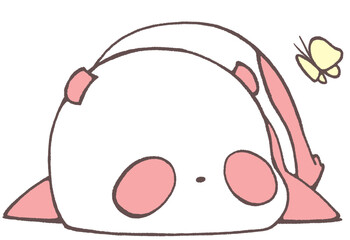 Baby panda lying on its stomach looking up at butterflies (red)