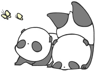 A baby panda falls on its face and falls upside down, and a baby panda looks up at a butterfly