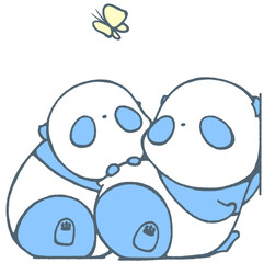 Baby pandas leaning on the wall and looking up at butterflies (blue)