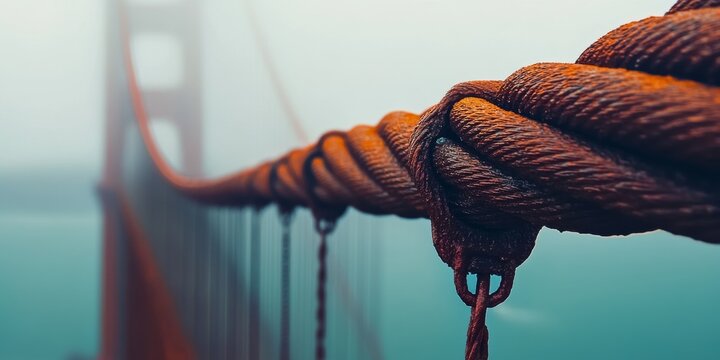 Close up of rusty cable on golden gate bridge in foggy san francisco
