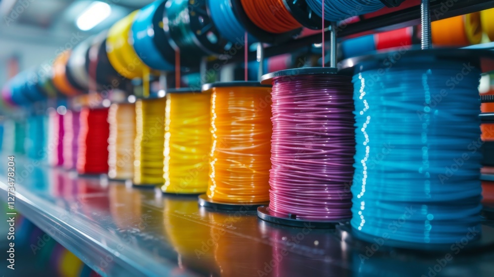 Poster brightly colored spools of thread line a workbench, creating a visually striking display of hues. th