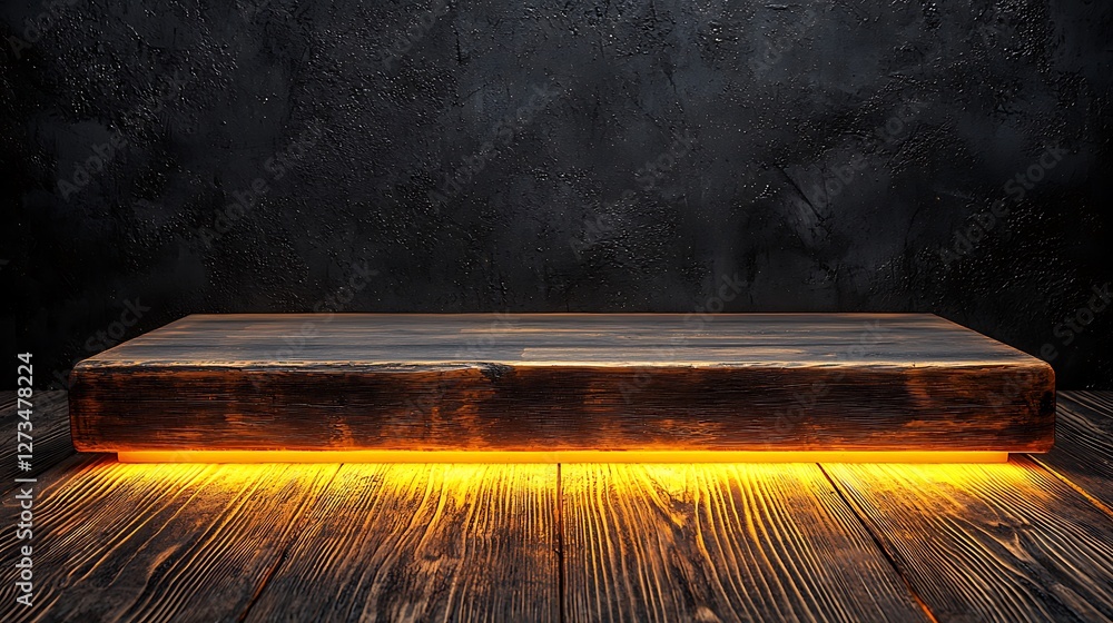 Poster wooden display shelf with warm illumination against a dark background. ideal for product placement