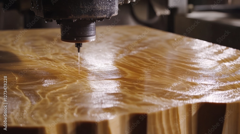 Poster Cnc machine cutting wood with coolant for a smooth surface