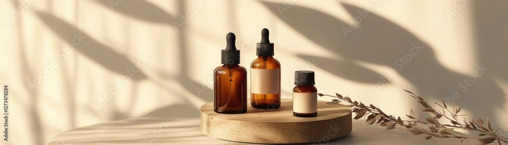 Poster three amber bottles with dropper caps sitting on platform